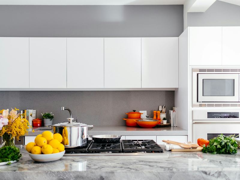 Bright kitchen with a marble island